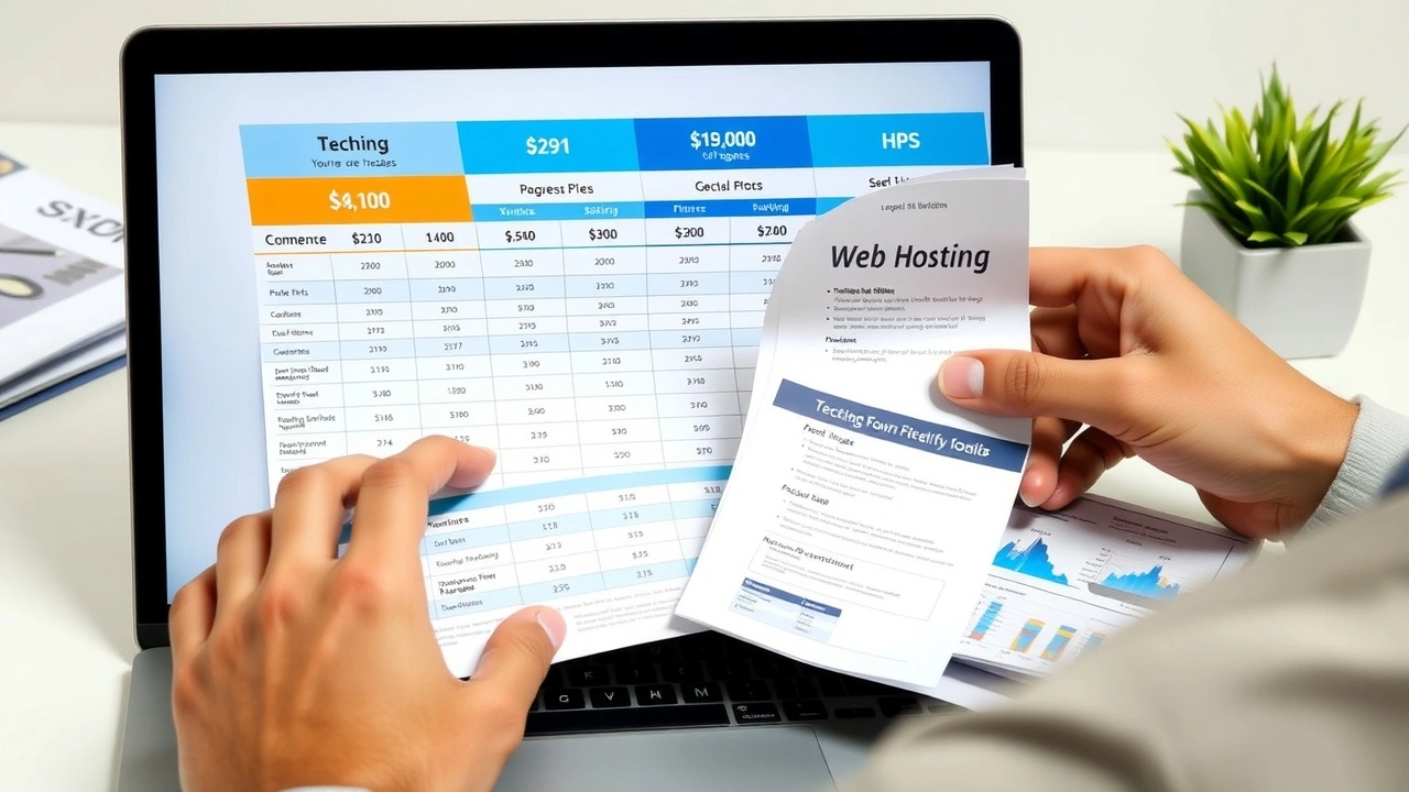 personne comparant offres hebergement web avec documents et ordinateur