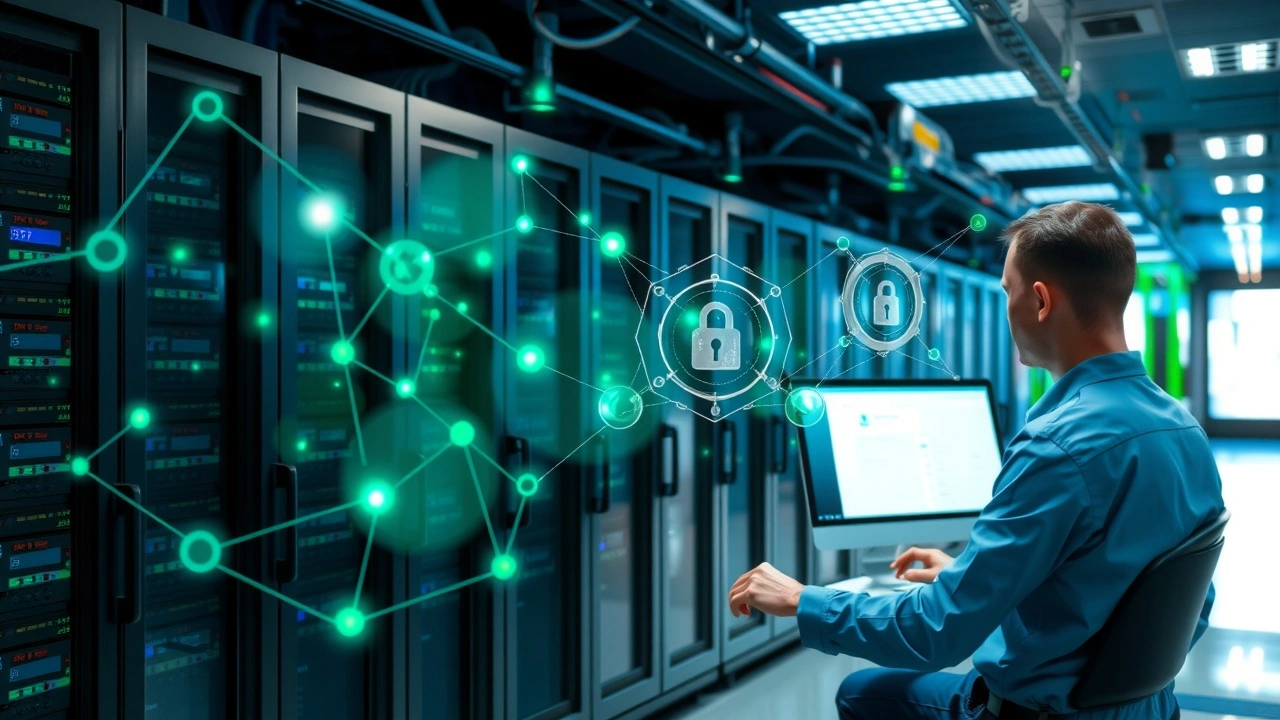 Salle serveur moderne illustrant la gestion DNS pour un hebergement web securise et rapide