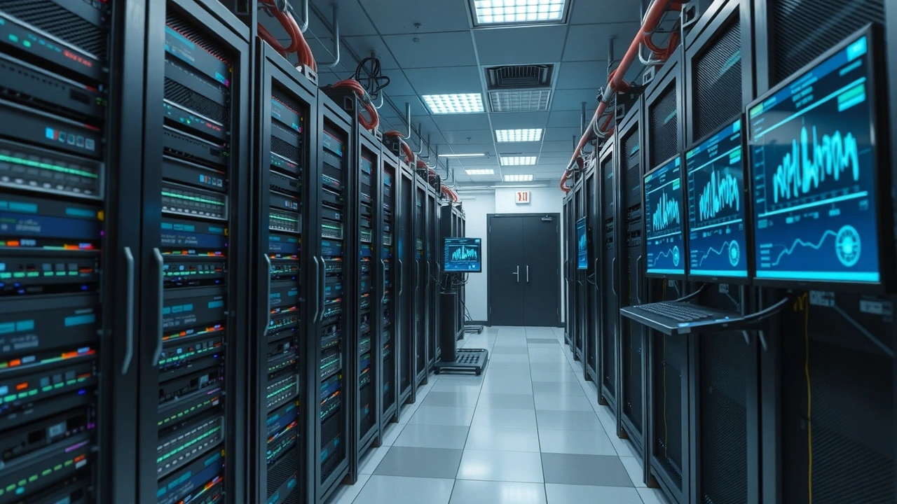 salle serveurs data center avec equipements reseau et moniteurs