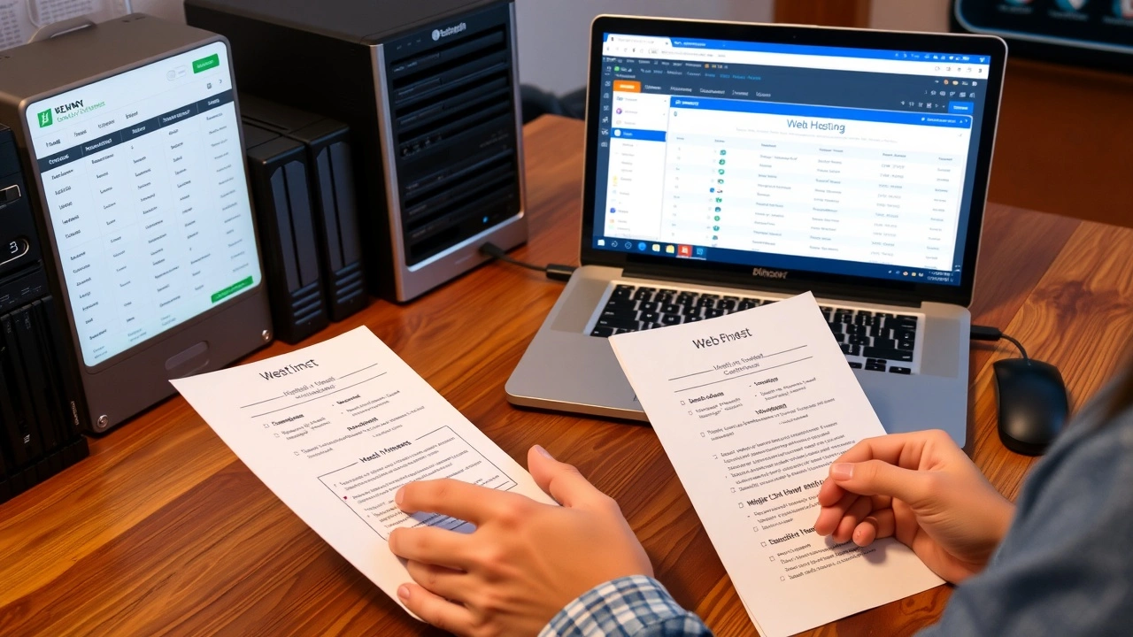 personne comparant des criteres d hebergement sur un bureau avec ordinateurs