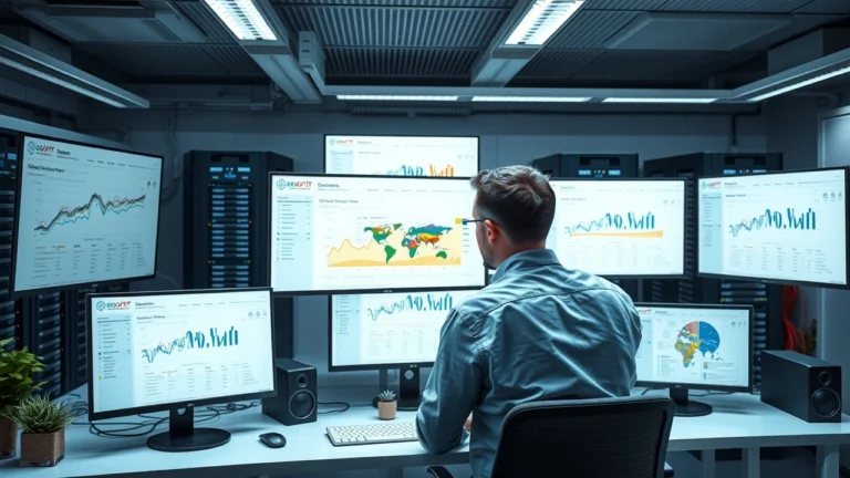 Espace de travail moderne avec ecrans et serveurs illustrant la comparaison des hebergeurs web
