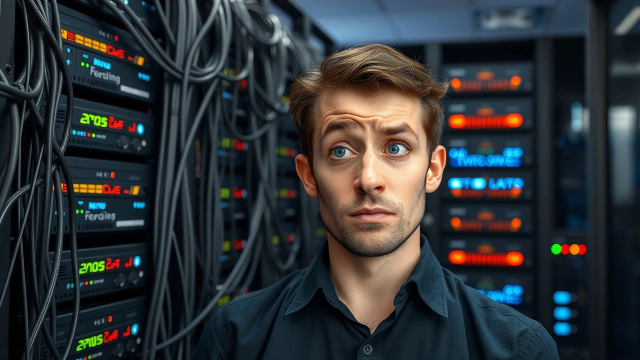 personne confuse devant serveurs web avec cables emmeles