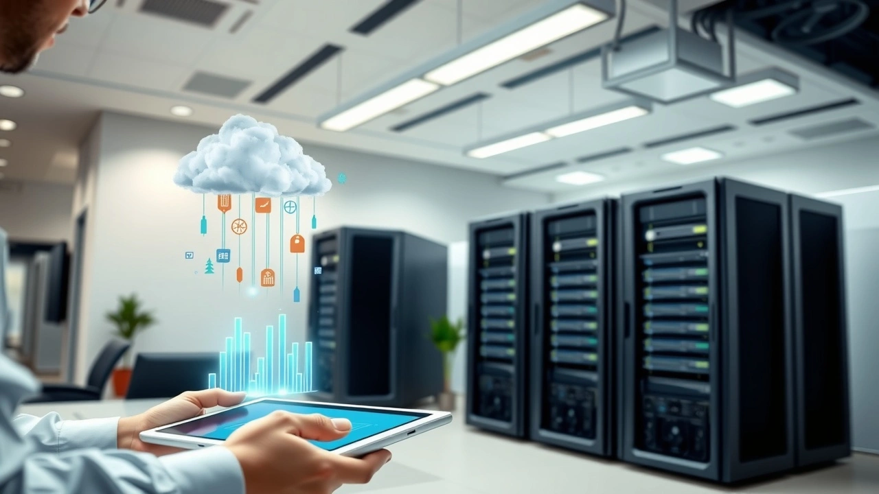 Professionnel comparant hébergement cloud et dédié dans un bureau moderne