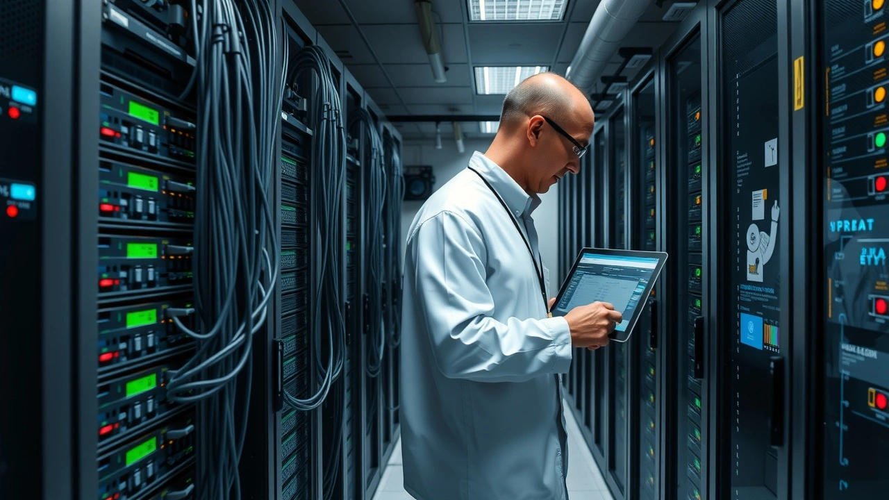 salle de serveurs avec cables et technicien configurant les serveurs