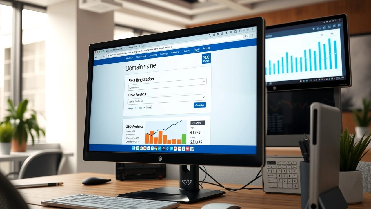 ordinateur avec interface de nom de domaine et graphiques SEO