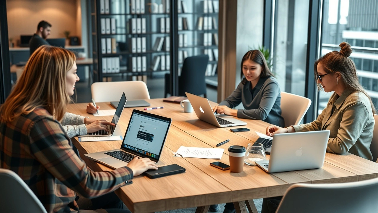 personnes discutant hebergement web en bureau avec ordinateurs