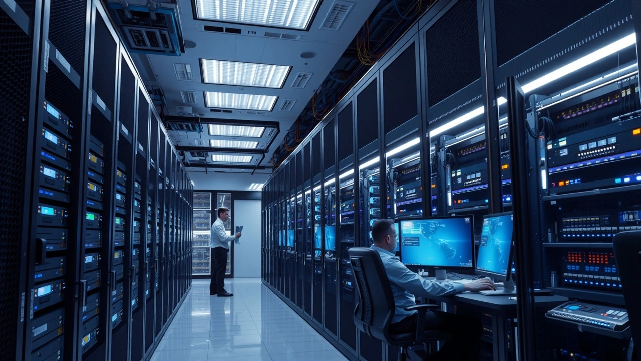 salle de serveurs moderne avec techniciens en action