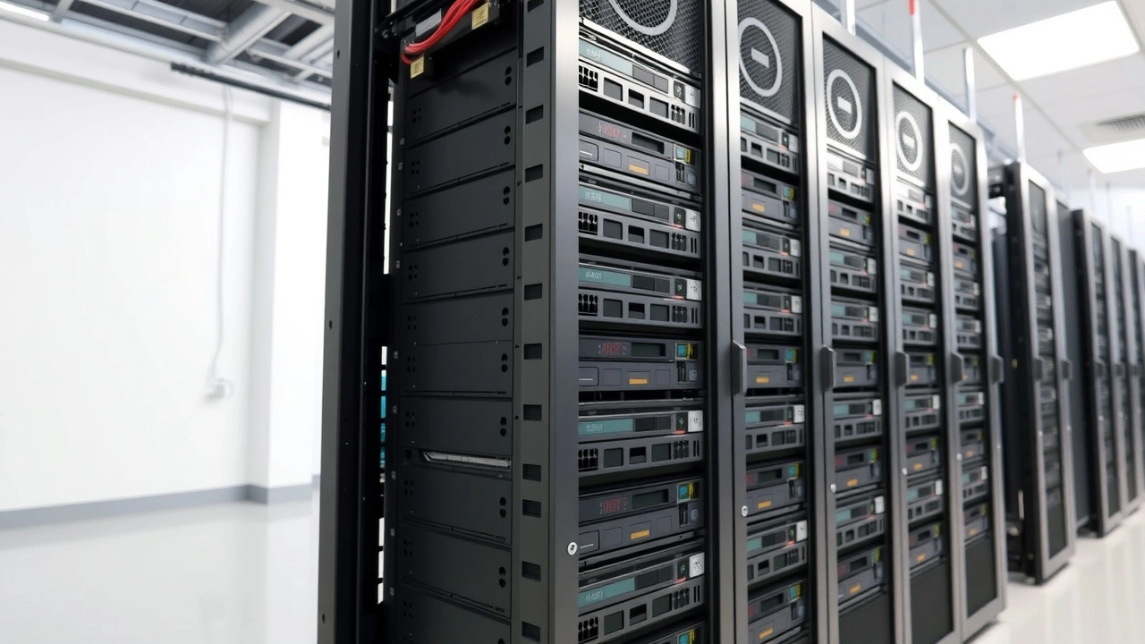 rangée de serveurs modernes dans une salle de serveurs claire