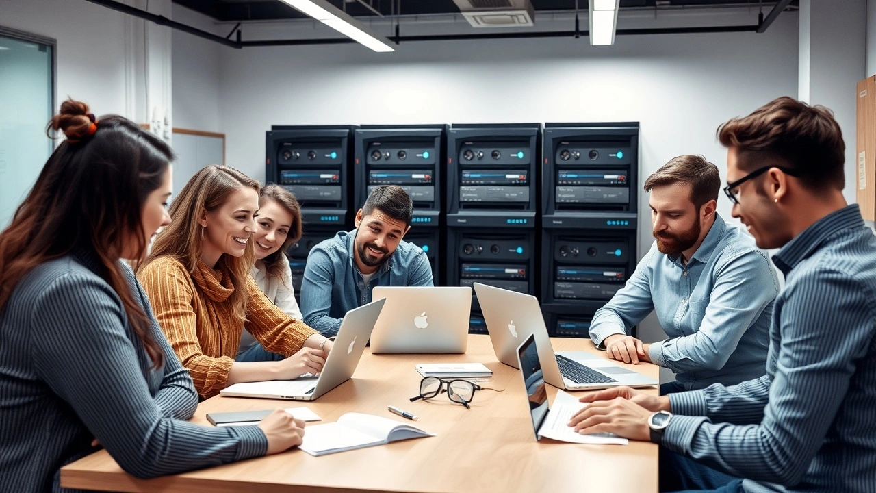 personnes autour table en bureau discutant ordinateurs serveurs