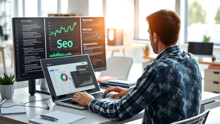 Personne choisissant un nom de domaine rentable avec des outils SEO dans un bureau moderne