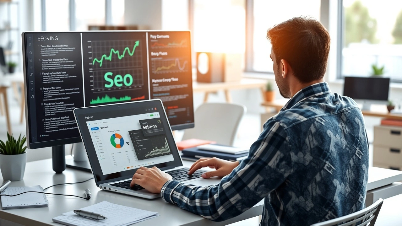 Personne choisissant un nom de domaine rentable avec des outils SEO dans un bureau moderne