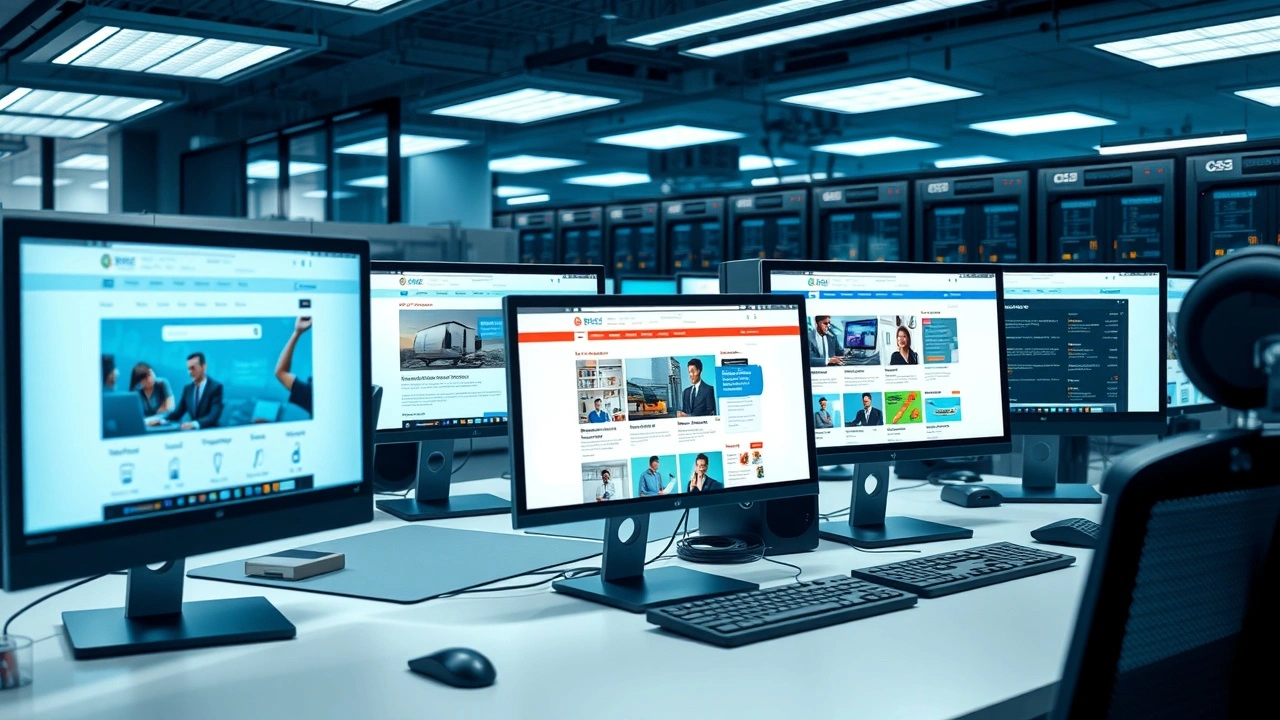 bureau moderne avec ecrans moniteurs sites ecommerce et serveurs