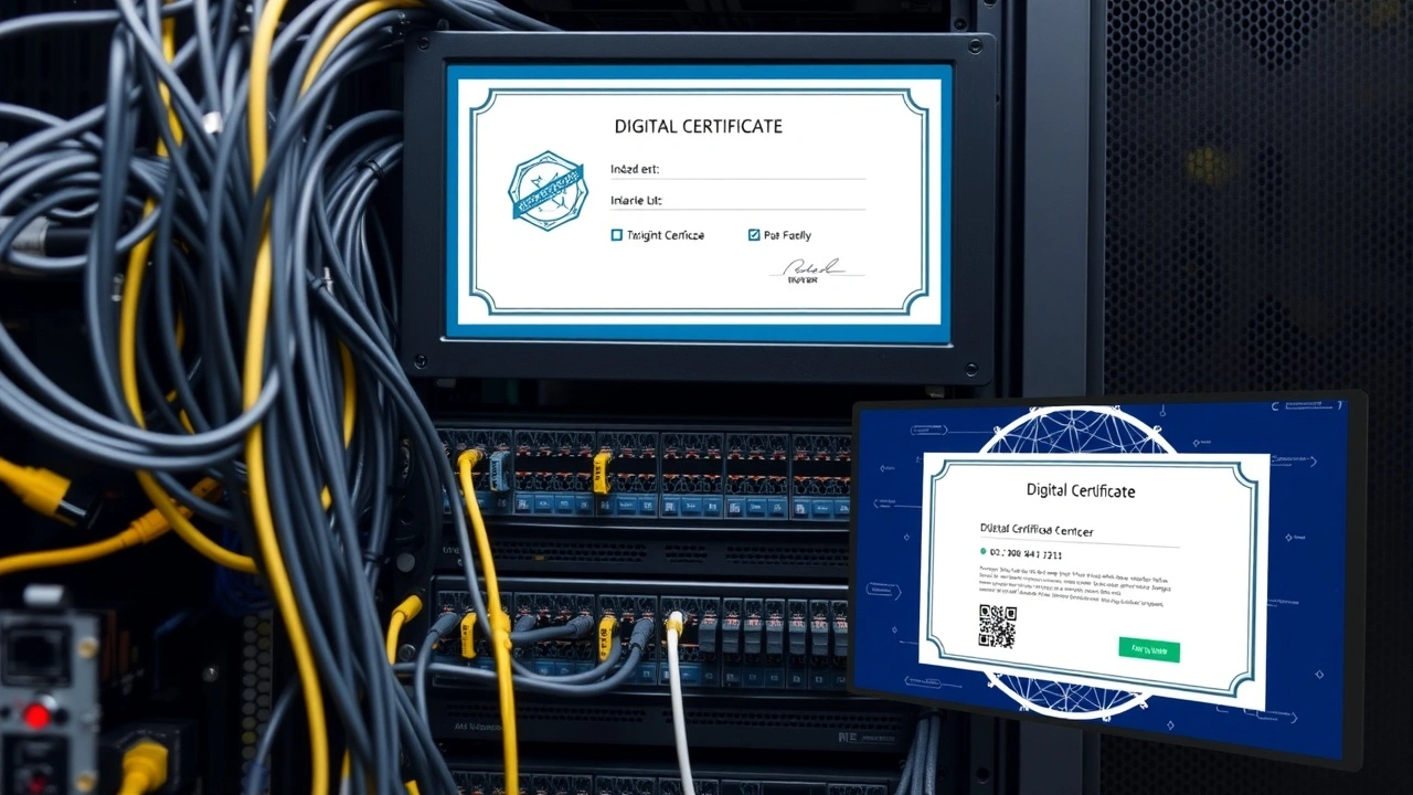 serveur avec cables reseau et certificat numerique visible