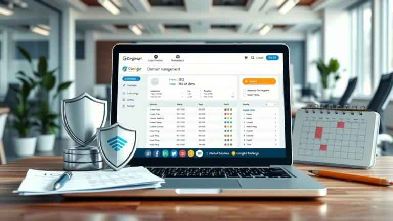 Espace de travail moderne illustrant la gestion de domaine et la protection du référencement