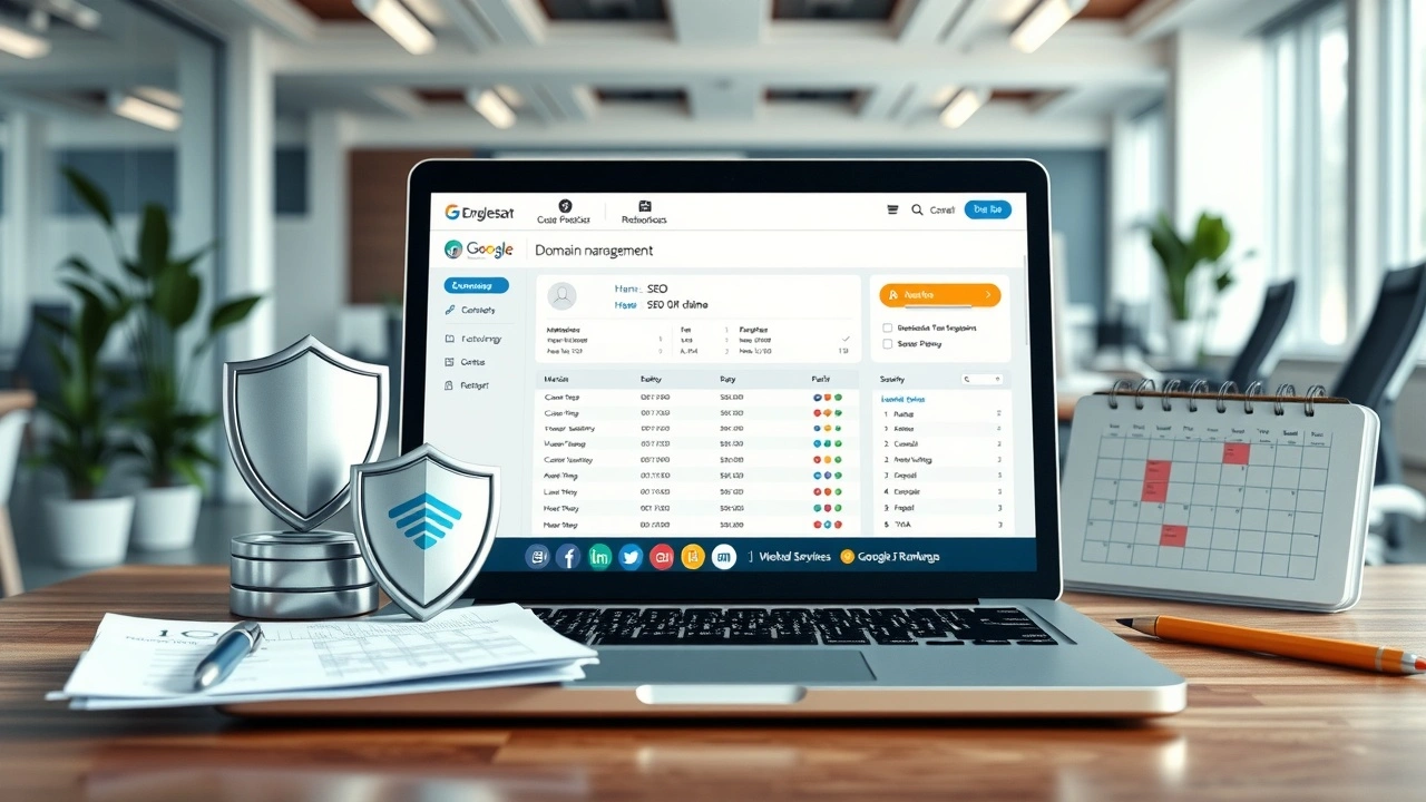 Espace de travail moderne illustrant la gestion de domaine et la protection du référencement