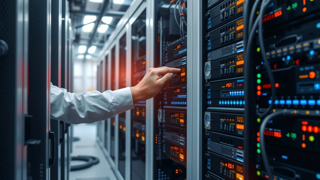 personne choisissant un serveur dans un datacenter moderne