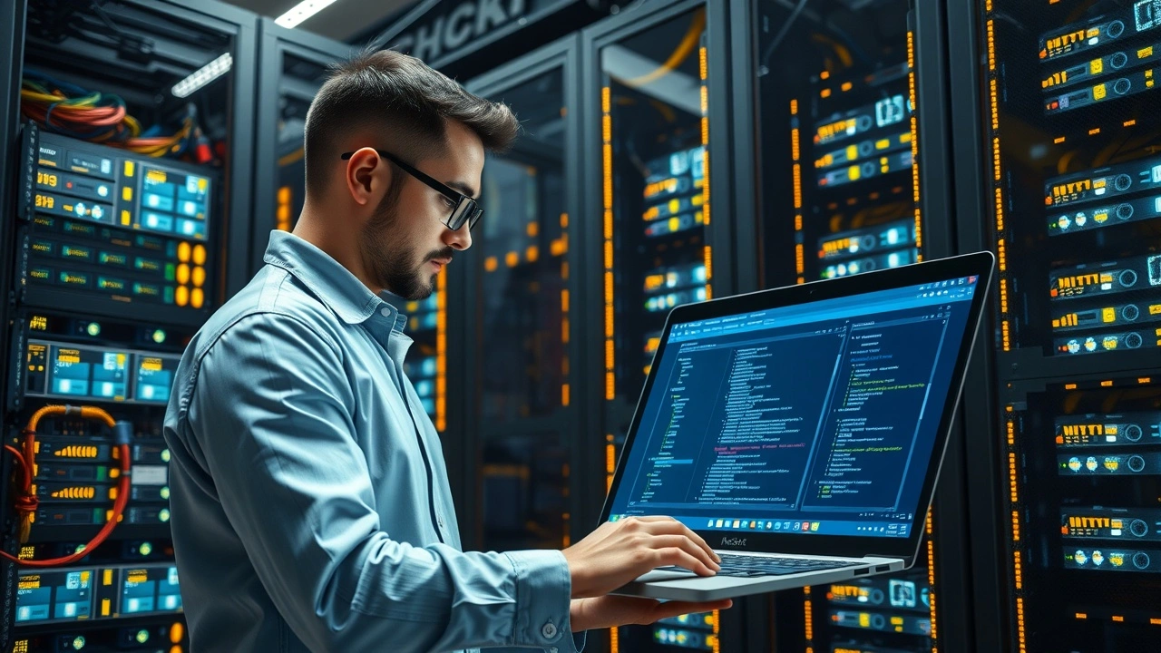Professionnel configurant un serveur Nginx dans une salle serveur moderne