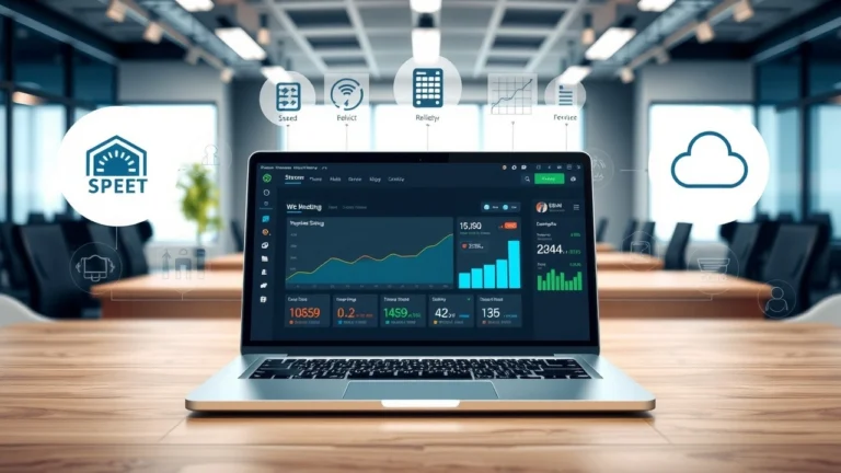 Bureau moderne avec ordinateur affichant un tableau de bord dhebergement web illustrant rapidite et fiabilite