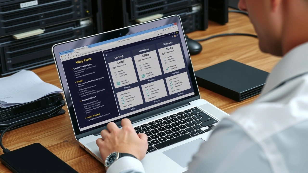 personne comparant offres hebergement web avec ordinateur et materiel reseau