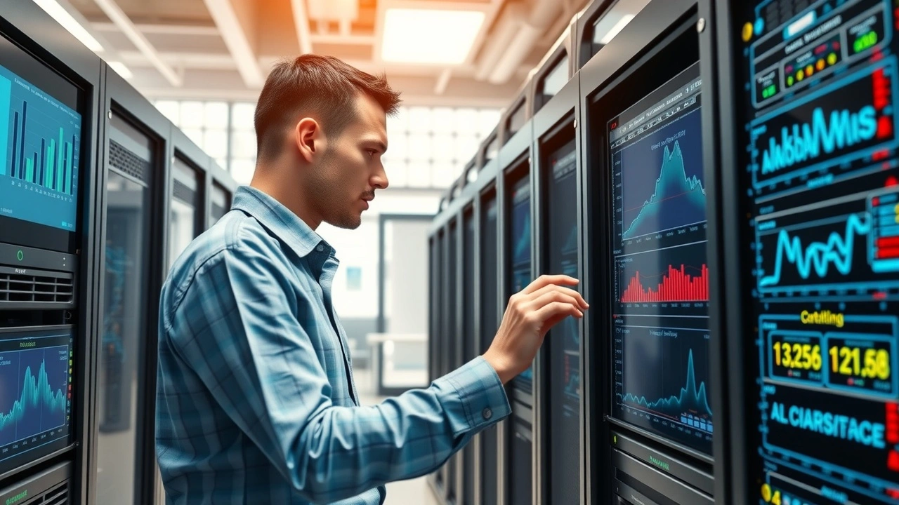 personne comparant plusieurs serveurs informatiques dans un bureau moderne