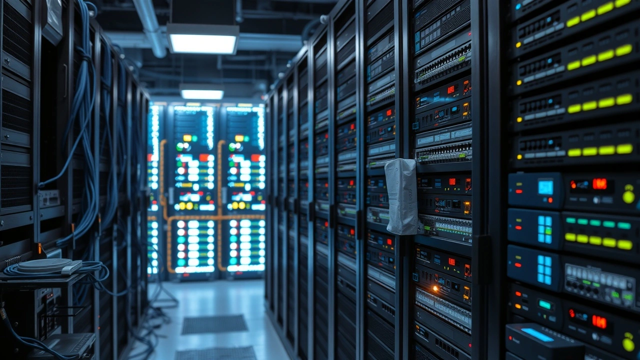 salle serveur avec racks cables securite et technicien informatique