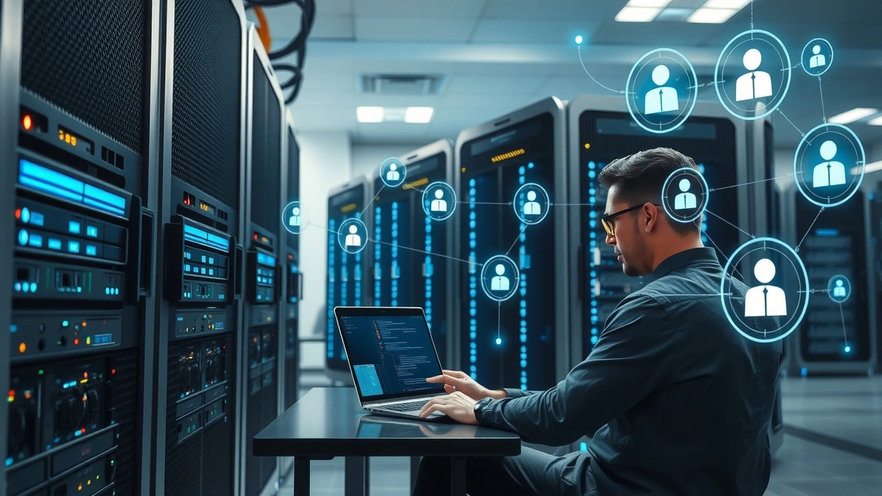 Salle de serveurs moderne avec un développeur configurant un hébergement web pour compatibilité optimale