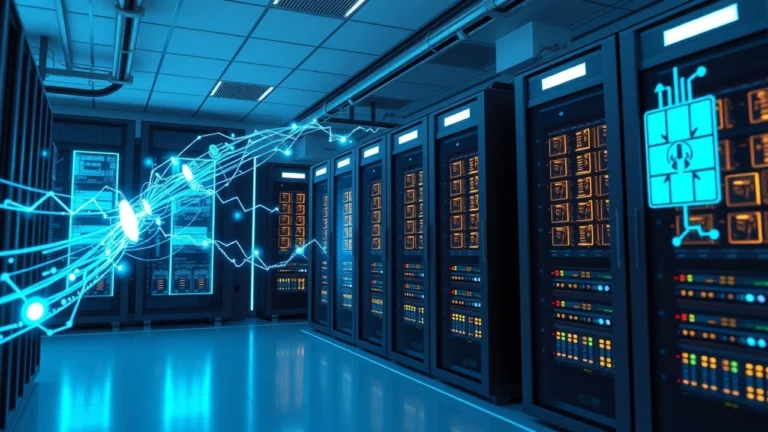 Salle de serveurs moderne avec flux de données représentant l'optimisation du cache serveur