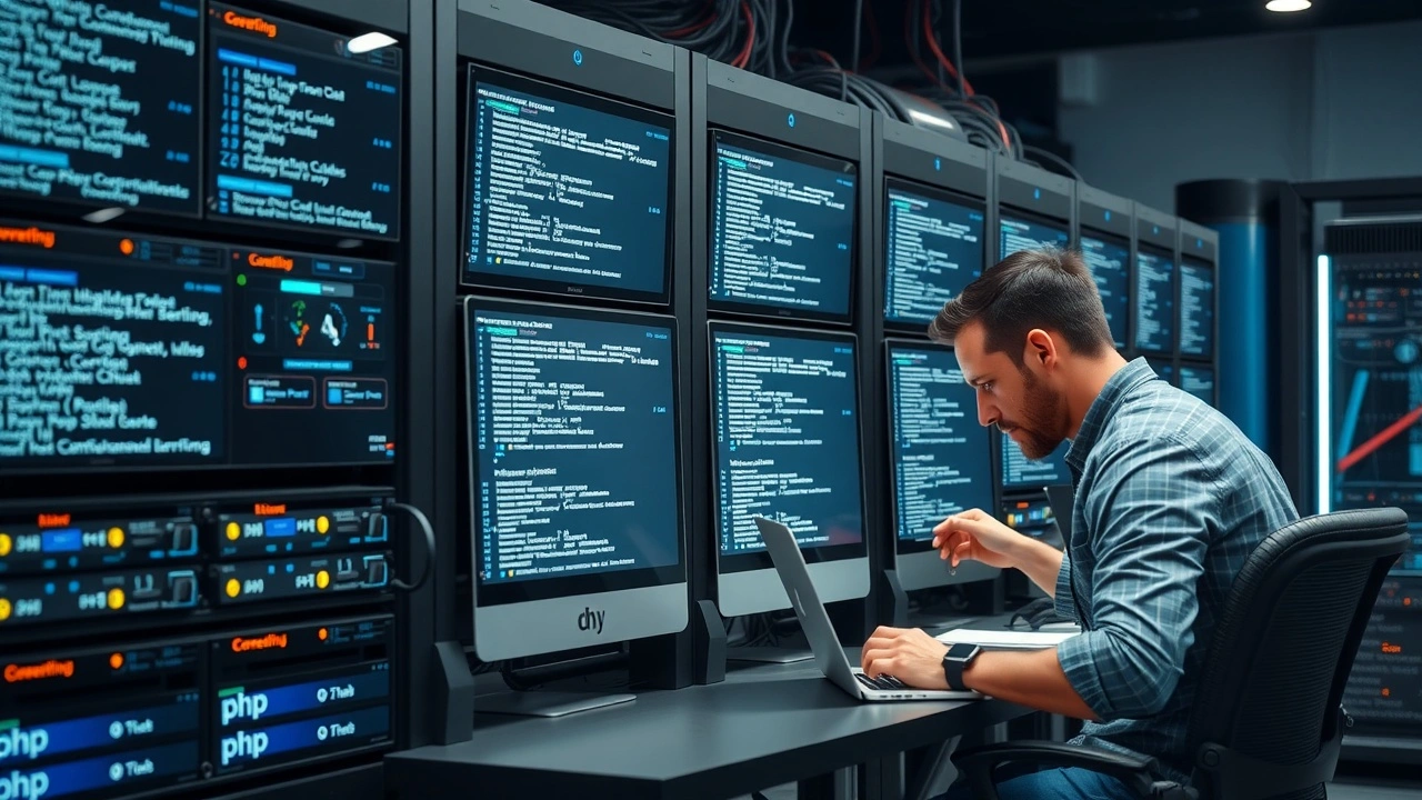 serveur informatique avec ecrans affichant code php et un developpeur