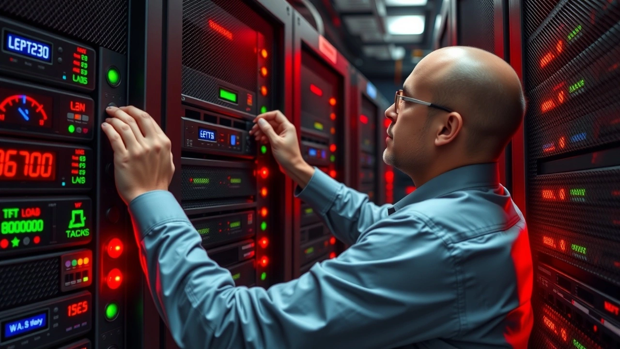 technicien serveur ajustant des baies de serveurs pour gestion trafic