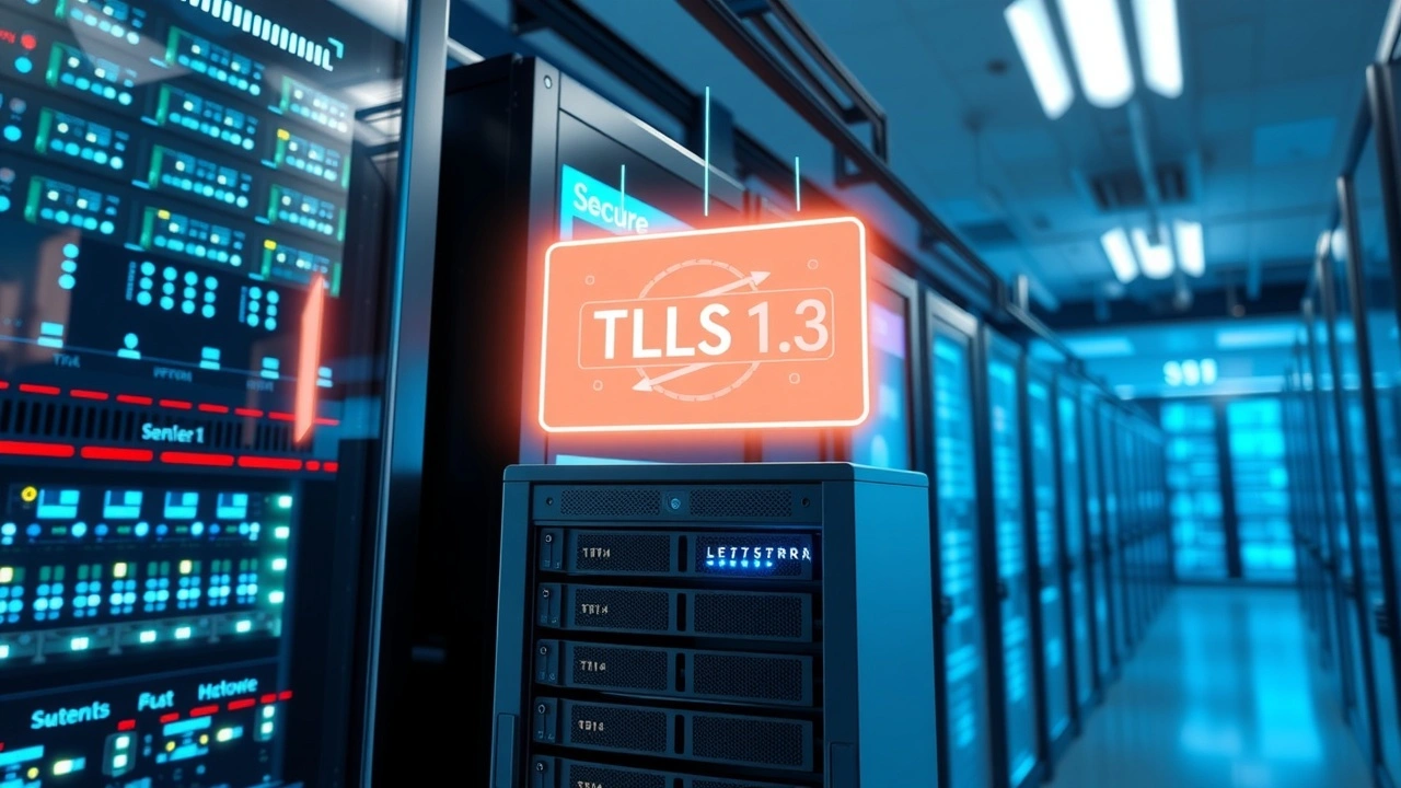 Salle serveur moderne illustrant la gestion des certificats TLS 1.3