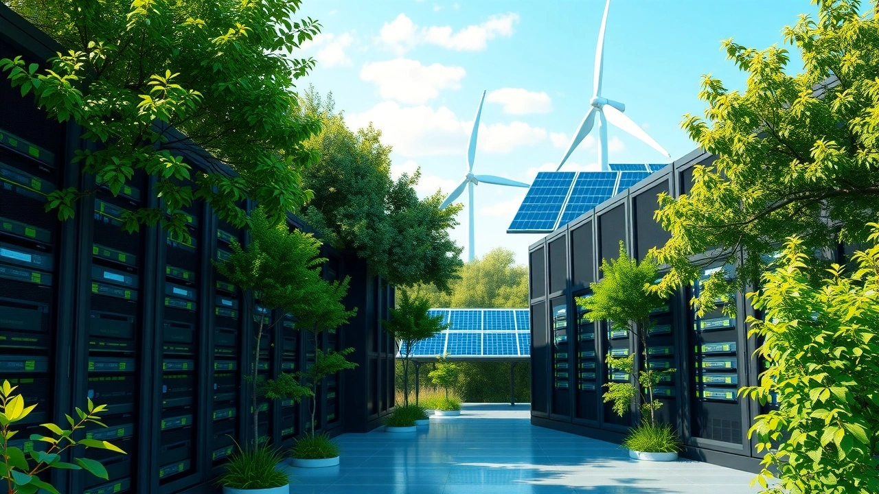 Centre de donnees ecologique avec panneaux solaires et turbines eoliennes