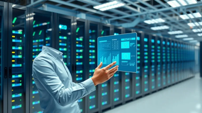 Centre de donnees moderne illustrant un hebergement web performant et economique