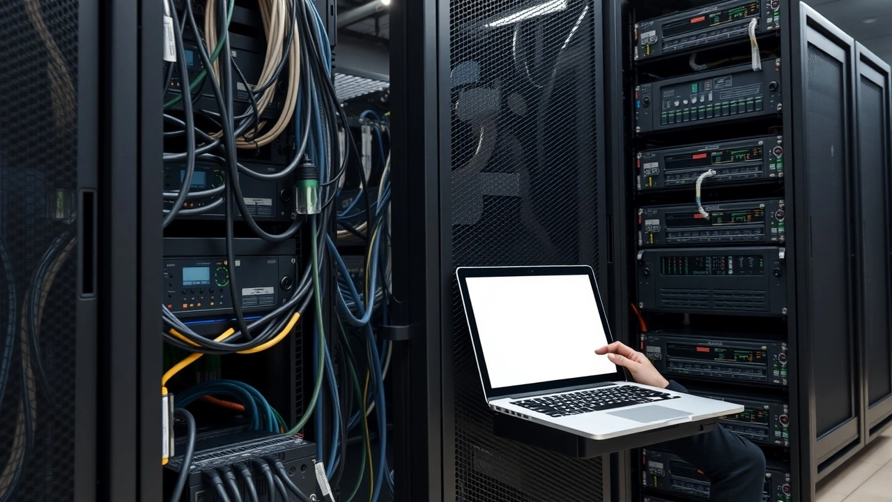 technicien configurant un serveur dedi traverseant un rack