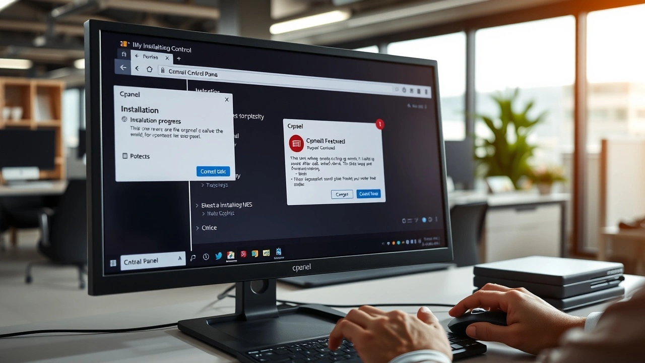 ordinateur avec ecran affichant installation cpanel bureau professionnel