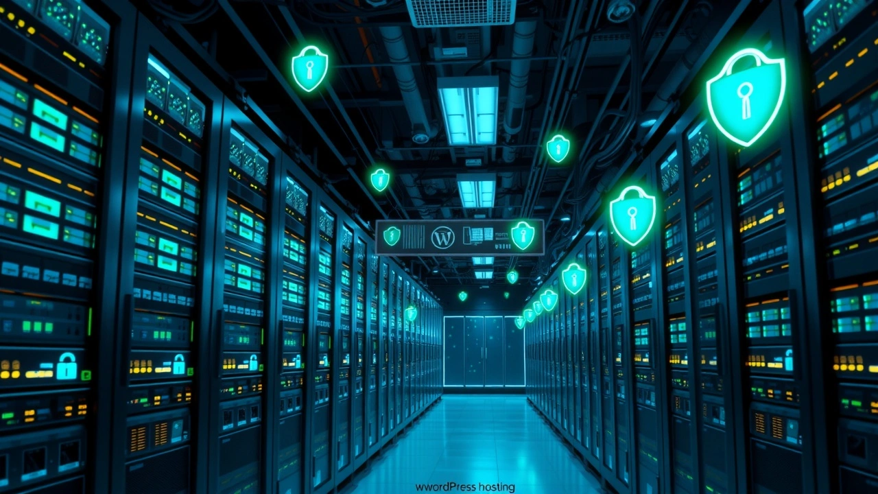 Salle serveur moderne sécurisée illustrant la protection contre les cyberattaques pour un hébergement WordPress optimal