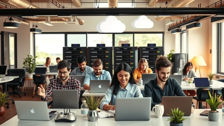 Espace de coworking moderne avec des fondateurs de startups travaillant sur des ordinateurs, symbolisant un hebergement web fiable et economique