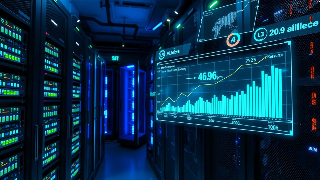 Salle de serveurs moderne illustrant la gestion optimisée des ressources pour un hébergement WordPress performant