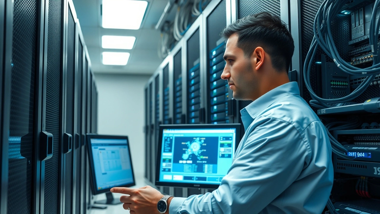 personne examinant des serveurs dans une salle de donnees