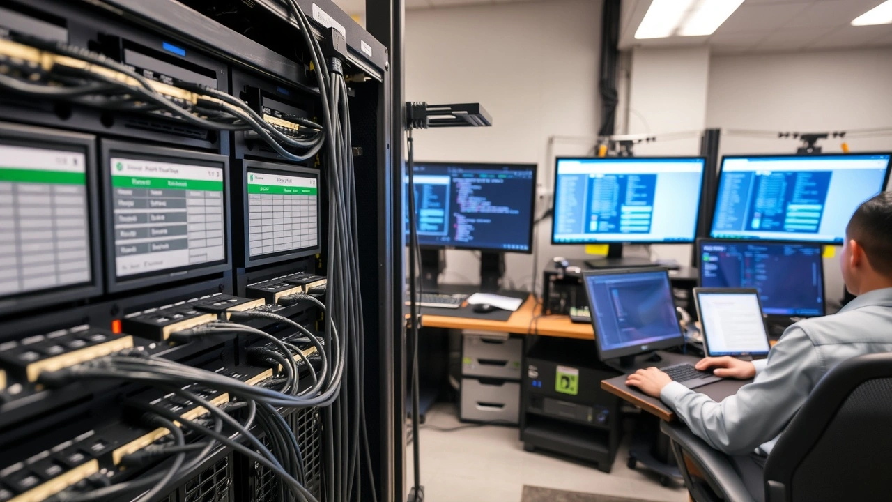 serveur informatique avec cables reseau et ecrans de gestion