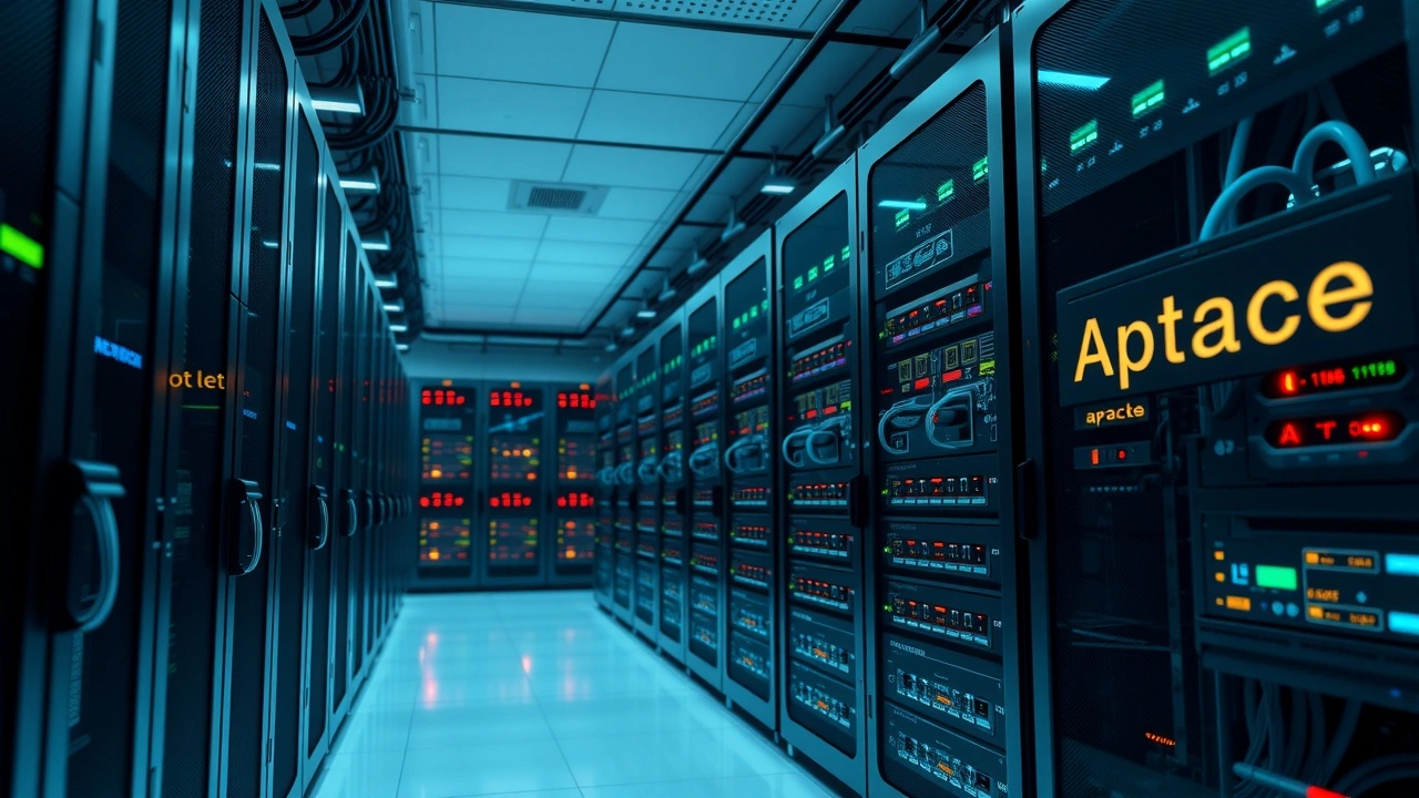 Salle de serveurs moderne illustrant un serveur Apache sécurisé et performant pour un hébergement web fiable