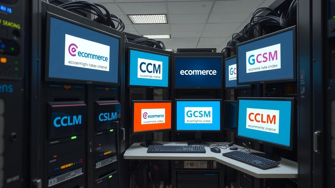 serveurs et ecrans avec differents cms ecommerce en centre de donnees