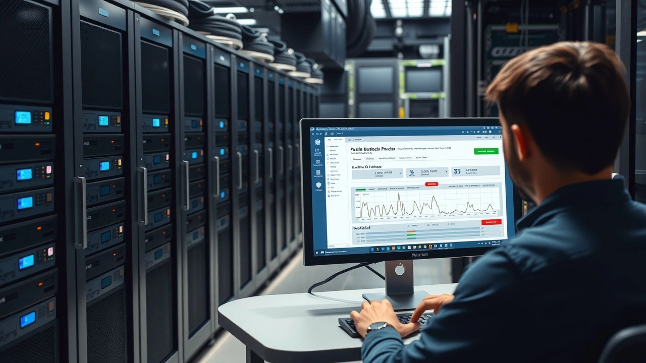 salle de serveurs avec un technicien et systeme de sauvegarde informatique