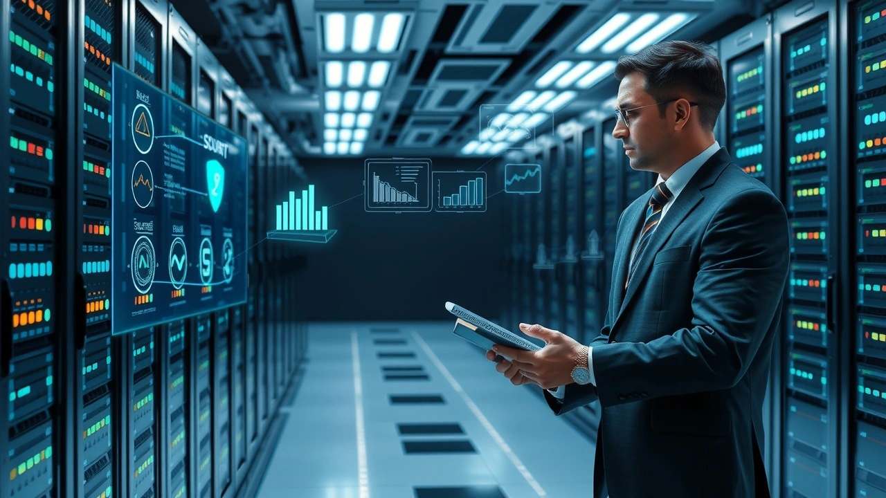 Centre de donnees moderne symbolisant la securite et la scalabilite des hebergements e-commerce