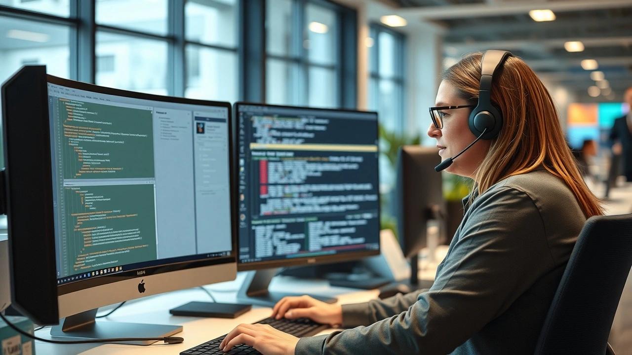 technicien support client aide client avec ordinateurs en bureau moderne