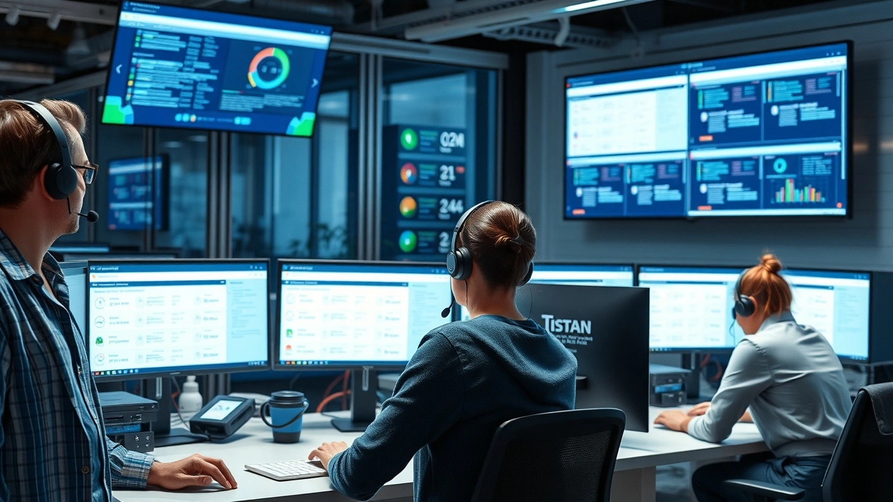 equipe support technique en bureau aidant clients informatique serveurs