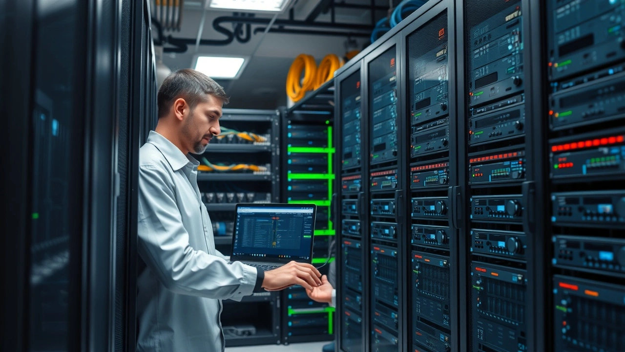 technicien configurant un serveur dans une salle informatique