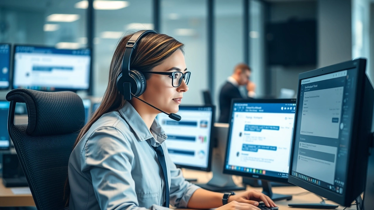 technicien support client avec casque et ordinateur au bureau