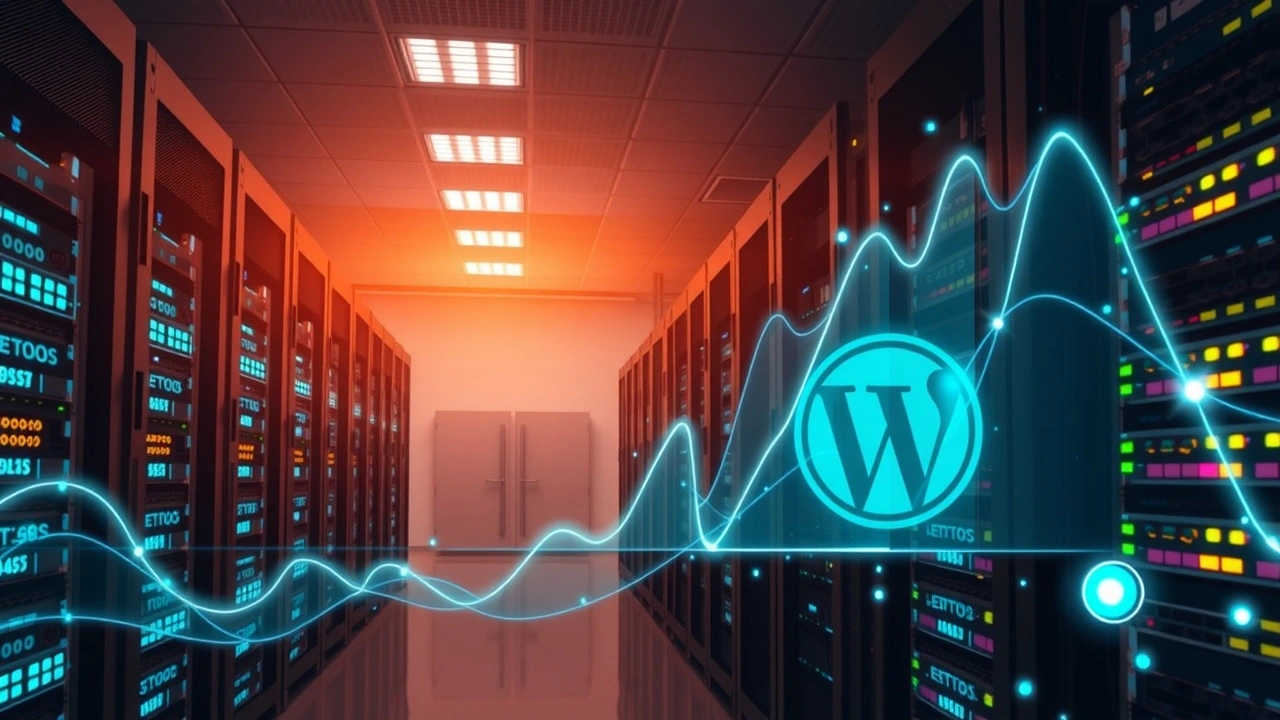 Salle de serveurs moderne illustrant ladaptation de lhébergement WordPress aux pics de trafic
