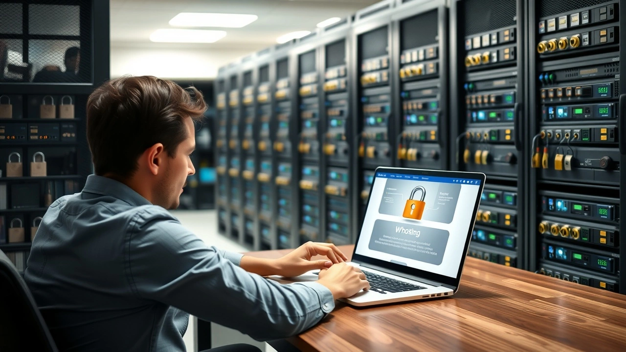 personne choisissant offre hebergement securise avec serveurs en arrière plan