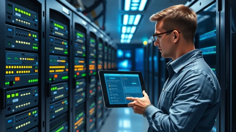 Salle de serveurs haute technologie avec un ingénieur configurant des serveurs dédiés sur mesure